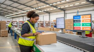 A warehouse employee carefully inspects a returned package