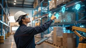 A warehouse worker wearing smart glasses gestures 