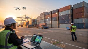 Bustling port terminal with stacked shipping container 