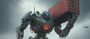 A heavy-duty industrial robot in a high-tech warehouse physically hoisting a large shipping container onto its shoulder, illustrating the power and scale of modern supply chain automation.