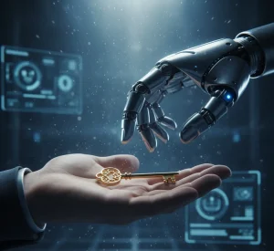 a robotic arm handles a key to a human hand 